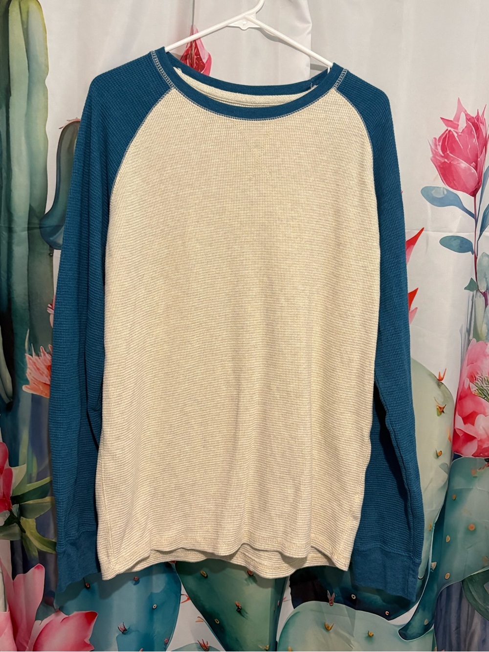 Roebuck & Co Mens Thermal Shirt XL Raglan Cream Blue Waffle Knit